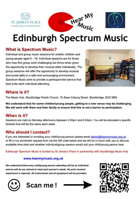 HearMyMusic's tweet photo. *Spaces available in Edinburgh!*
Our #EdinburghSpectrumMusic project has spaces for young people (5-18) with Autism- click on the QR code or contact admin@hearmymusic.org.uk for more details
#AutismMusic #GroupMusic #DisabilityMusic #InclusiveMusic https://t.co/bwcYcWPAjm
