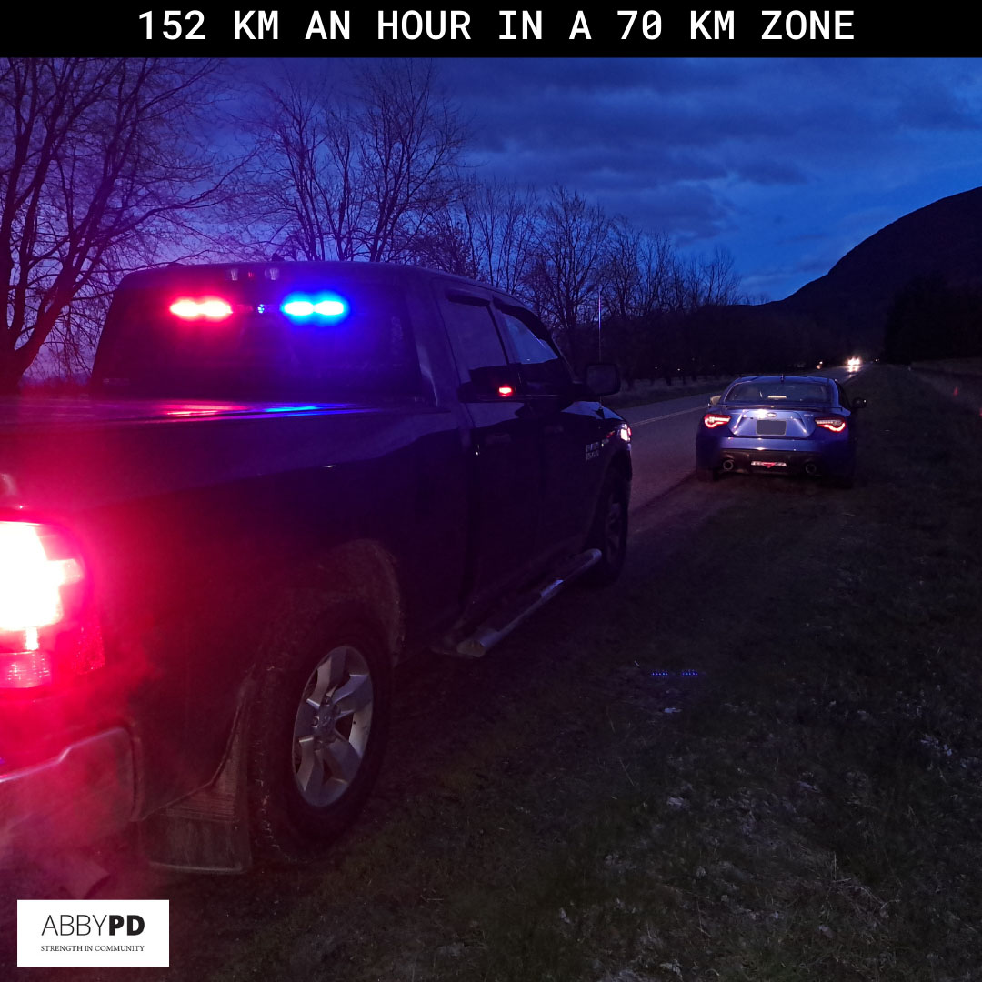 AbbyPoliceDept's tweet photo. Last night Patrol Officers patrolling the Sumas Prairie area observed this vehicle travelling 152km in a 70km zone. Needless to say, the 20-year-old driver lost his car for 7 days and was issued an excessive speeding ticket. #RoadSafetyMatters https://t.co/1Qw5PL5pJ9
