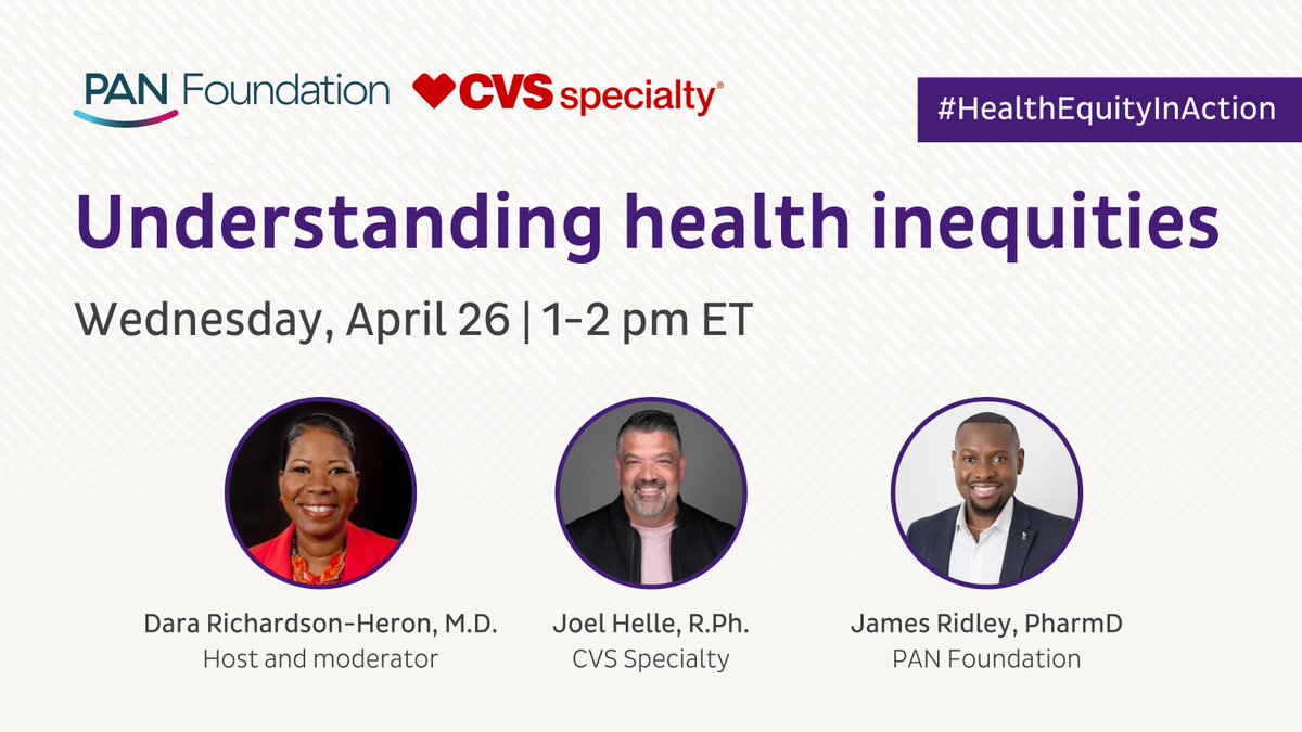 PAN_Foundation's tweet photo. 📢 We’re one week out from the first webinar in our #HealthEquityInAction series with CVS Specialty: https://t.co/tB8WJJqL5Z
Our expert speakers will cover the concept of health inequities and share actionable tips to address inequities in your practice. #NHM2023 #HealthEquity https://t.co/5ygB8LRuKJ