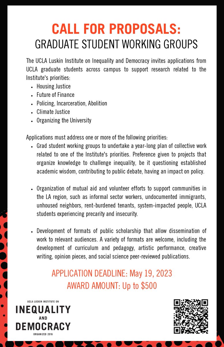 📣📝CALL FOR PROPOSALS #UCLA Grad Students>> @ChallengeIneq's annual call for working group grants to support a year-long plan of collective work. Groups are encouraged to speak to public issues & address audiences beyond the university. Deadline: May 19>> challengeinequality.luskin.ucla.edu/research-and-a…