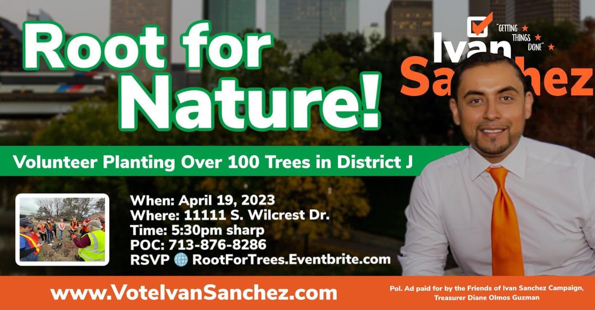 voteivansanchez's tweet photo. TODAY is the DAY!! Let’s plant 100 trees yall!! See you at 5:30pm!! 🌲 spread the word!
Make sure to wear comfy clothes, pick up a Vote Ivan Sanchez shirt, lets ROOT FOR NATURE and let’s beautify houston by planting trees!!
#houstonatthetop #rootfornature #trees #houstontrees https://t.co/uXeqgSdcO5