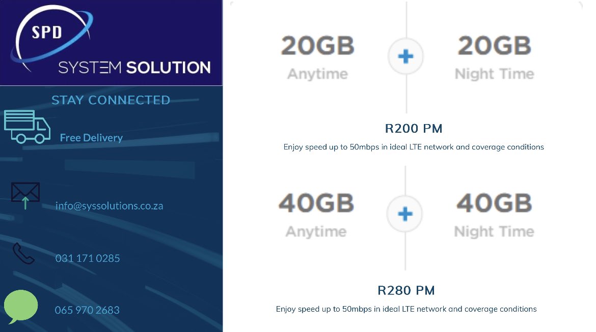 SpdSystem's tweet photo. We are all suffering from the crime that is loadshedding. So make sure you're always online. Get wireless LTE.

Cos when the power goes off. Your fiber goes off. But LTE stays online 🌍

Wireless Internet. The Future. #StayConnected even during #LoadsheddingStage8 https://t.co/mRIrJrHwIv