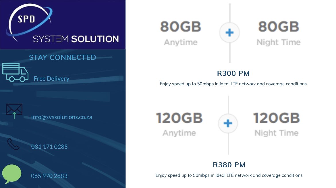 SpdSystem's tweet photo. We are all suffering from the crime that is loadshedding. So make sure you're always online. Get wireless LTE.

Cos when the power goes off. Your fiber goes off. But LTE stays online 🌍

Wireless Internet. The Future. #StayConnected even during #LoadsheddingStage8 https://t.co/mRIrJrHwIv