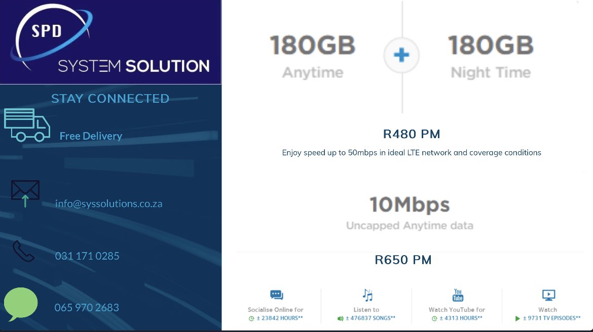 SpdSystem's tweet photo. We are all suffering from the crime that is loadshedding. So make sure you're always online. Get wireless LTE.

Cos when the power goes off. Your fiber goes off. But LTE stays online 🌍

Wireless Internet. The Future. #StayConnected even during #LoadsheddingStage8 https://t.co/mRIrJrHwIv