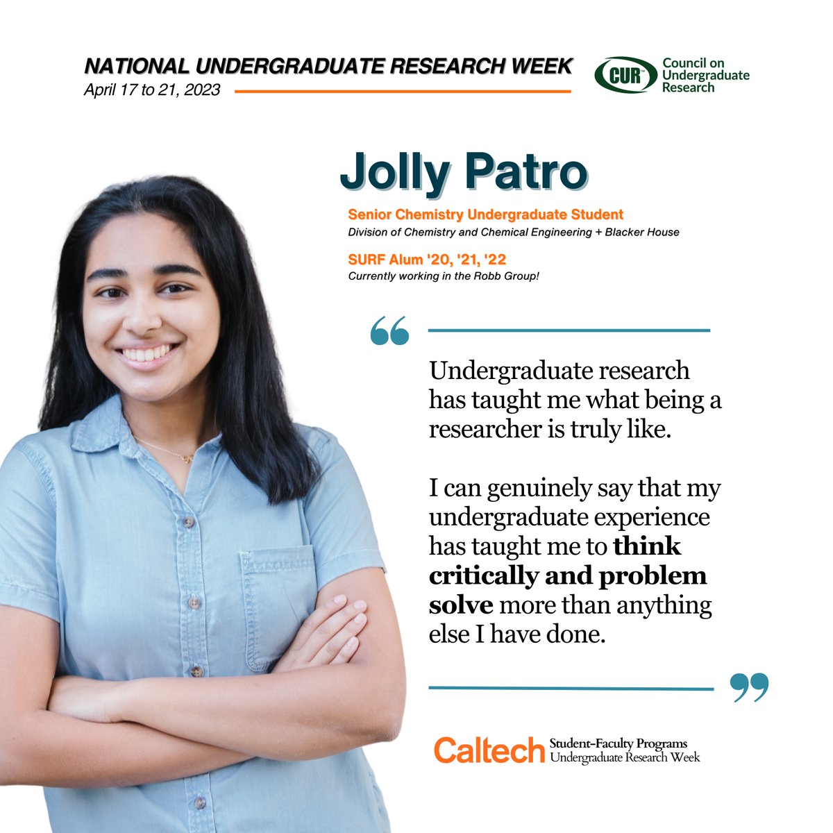 Caltech Student-Faculty Programs (@caltechsfp) on Twitter photo Our #UndergraduateResearchWeek2023 spotlight shines on Jolly Patro (<a href="/patrojolly/">Jolly Patro</a>)! A three-time SURFer, Jolly began her undergraduate research journey in Professor <a href="/Maxwell_Robb/">Maxwell Robb</a>'s lab (<a href="/TheRobbGroup/">The Robb Group</a>). Thank you, Jolly for being an amazing student and source of inspiration to all! Our #UndergraduateResearchWeek2023 spotlight shines on Jolly Patro (<a href="/patrojolly/">Jolly Patro</a>)! A three-time SURFer, Jolly began her undergraduate research journey in Professor <a href="/Maxwell_Robb/">Maxwell Robb</a>'s lab (<a href="/TheRobbGroup/">The Robb Group</a>). Thank you, Jolly for being an amazing student and source of inspiration to all!