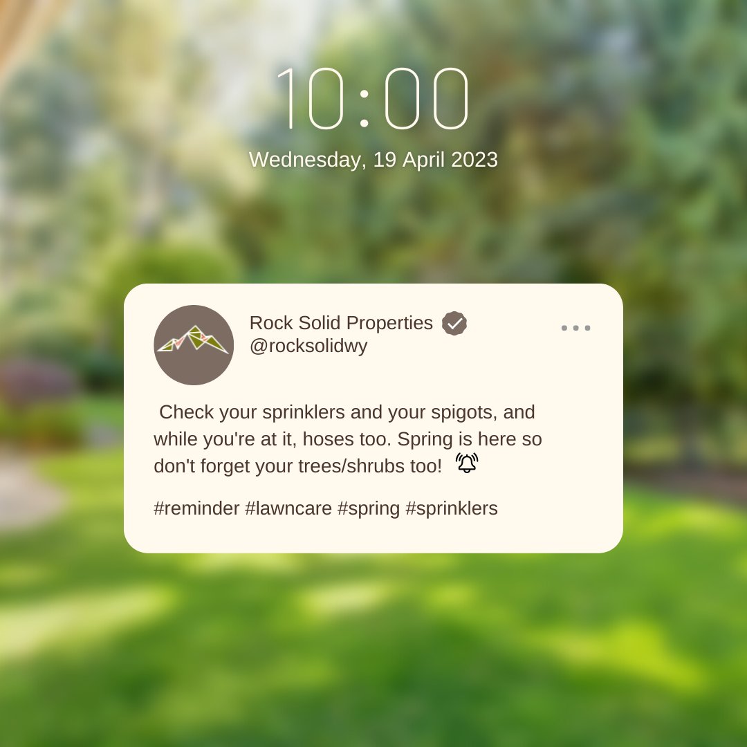 rocksolidwy's tweet image. Monthly reminder! It's time to get ready for watering lawns, plants, and trees. Give your property a thorough check to make sure there are no leaks! #lawncare #springtime #rocksolidtip #tipofthemonth #propertymanagement #rocksolidwy