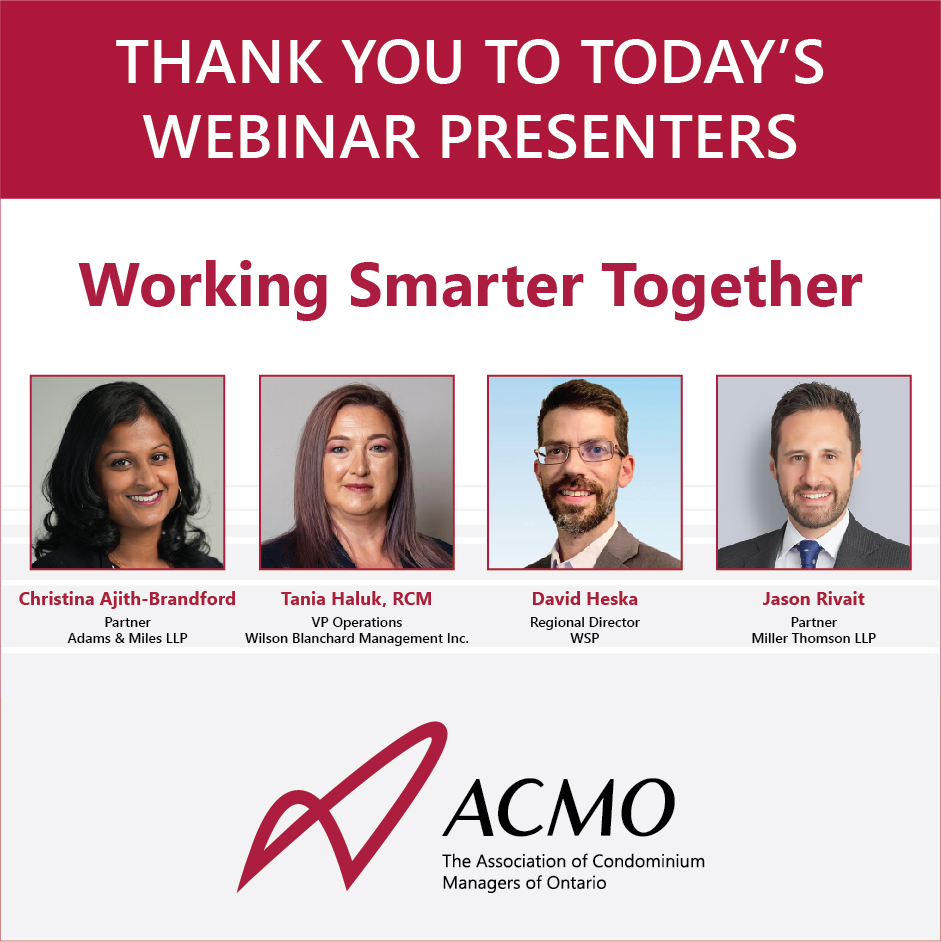 ACMO_org's tweet photo. An informative session at today's ACMO Webinar discussing "Working Smarter Together." Thank you to our esteemed speakers for sharing their tips and advice. 

#ThankYou #CondoExperts #CondoManager #CondoManagement #RCM #ACMOLife #ACMOWebinar #ACMOspeaker https://t.co/BYqXyH4voQ
