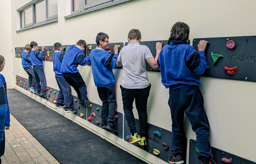 Gnmgreenteam's tweet photo. Our 6th class trying out our new climbing walls. These traverse boards help improve upper body strength, co-ordination skills, grip strength and self regulation. A great addition to our outdoor classroom for all our students to enjoy! #Tramore @smallwallarena https://t.co/aBzlXJXaNe