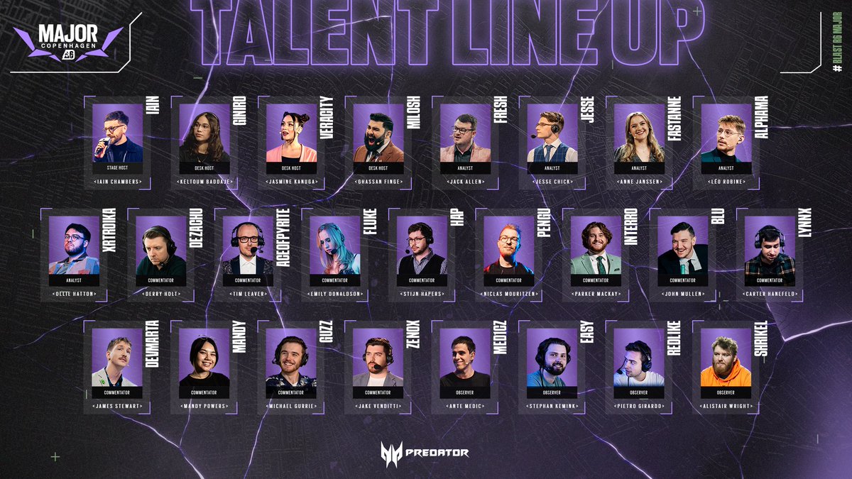 Oh my oh my.. 🤩

Our talent line-up for the #BLASTR6 Copenhagen Major is fantastic❤️🤍