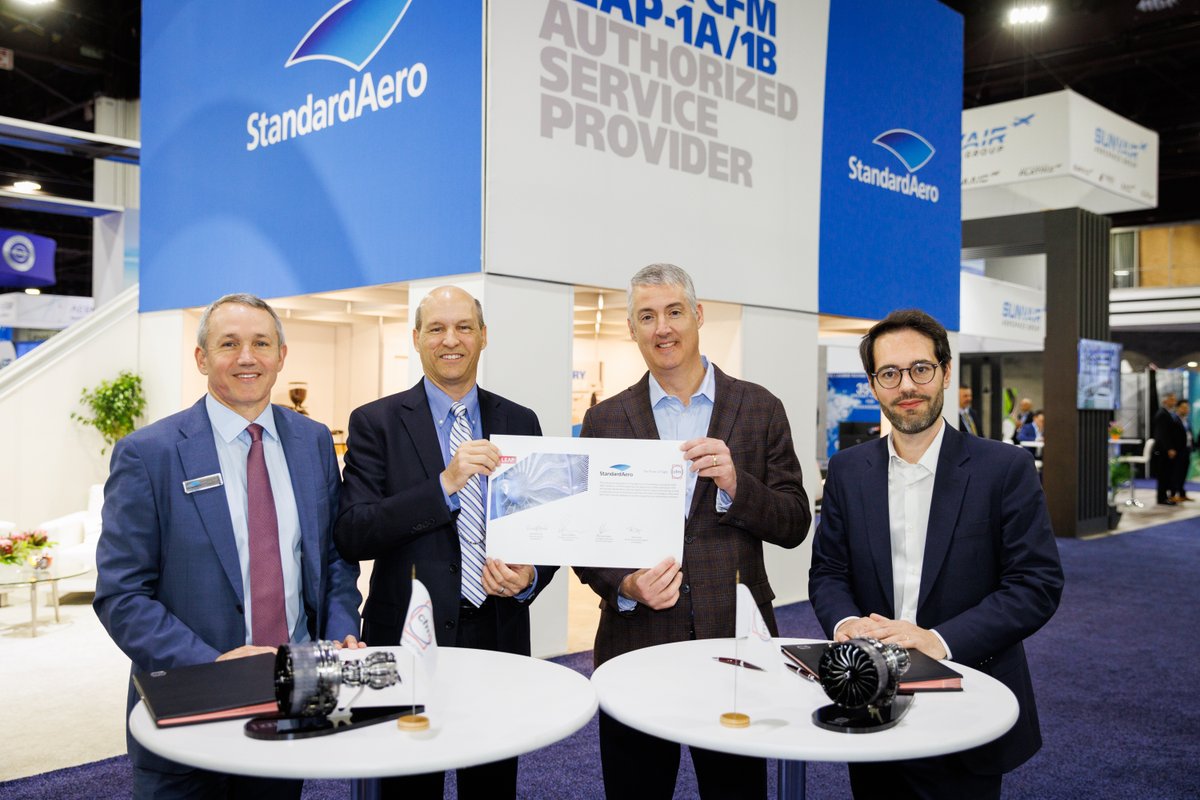 JM_entertainmen's tweet photo. CFM_engines: [Celebration] On the occasion of the MRO Americas, CFM International and @StandardAero celebrate the CFM Branded Service Agreement (CBSA) for #CFMLEAP-1A and #CFMLEAP-1B engines signed earlier in the year. #MROAmericas #MROAM
➡️ … https://t.co/tRtq7xQodN