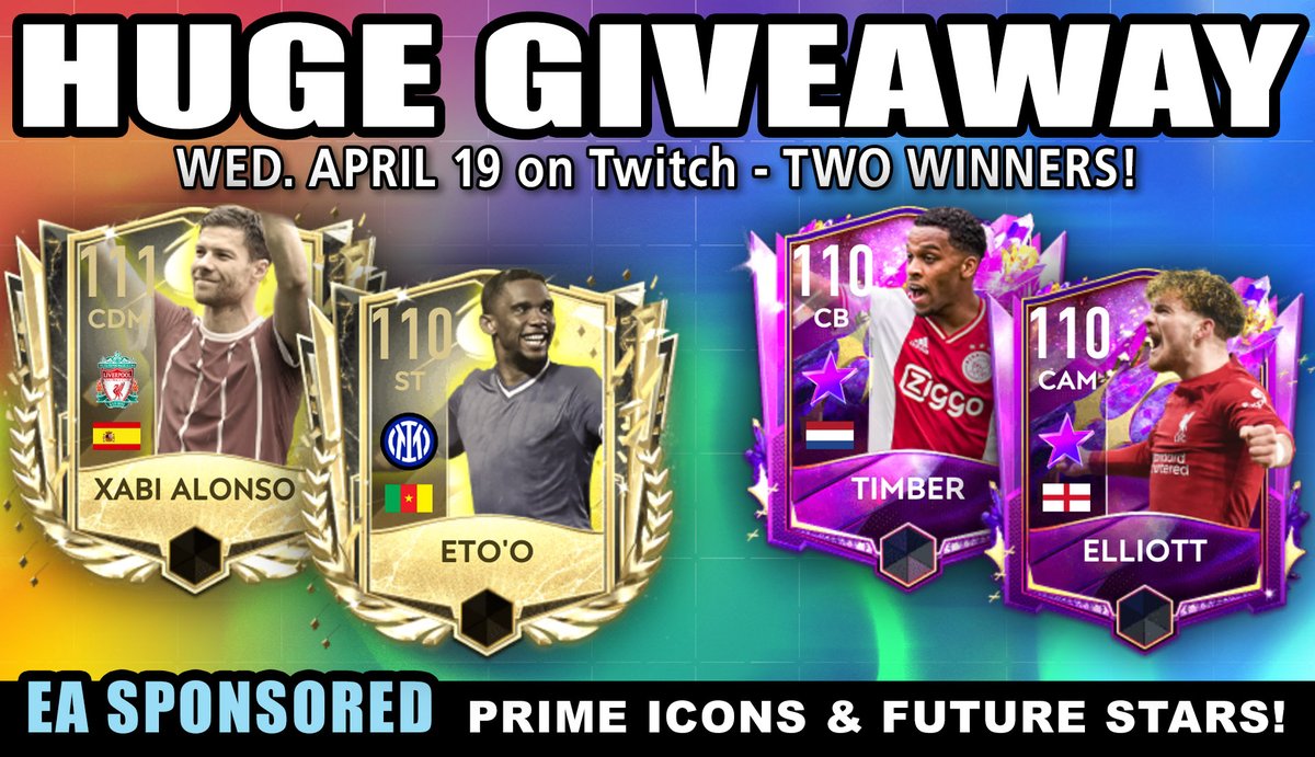 FinallyHeSleeps's tweet image. HUGE GIVEAWAY! TODAY!
TWO WINNERS!
PRIME ICONS and FUTURE STARS
Live on Twitch, one hour after reset on Wed April 19
twitch.tv/FinallyHeSleeps
Don't forget
- like / RT
- follow me & @EAFIFAMOBILE (thank you EA!)