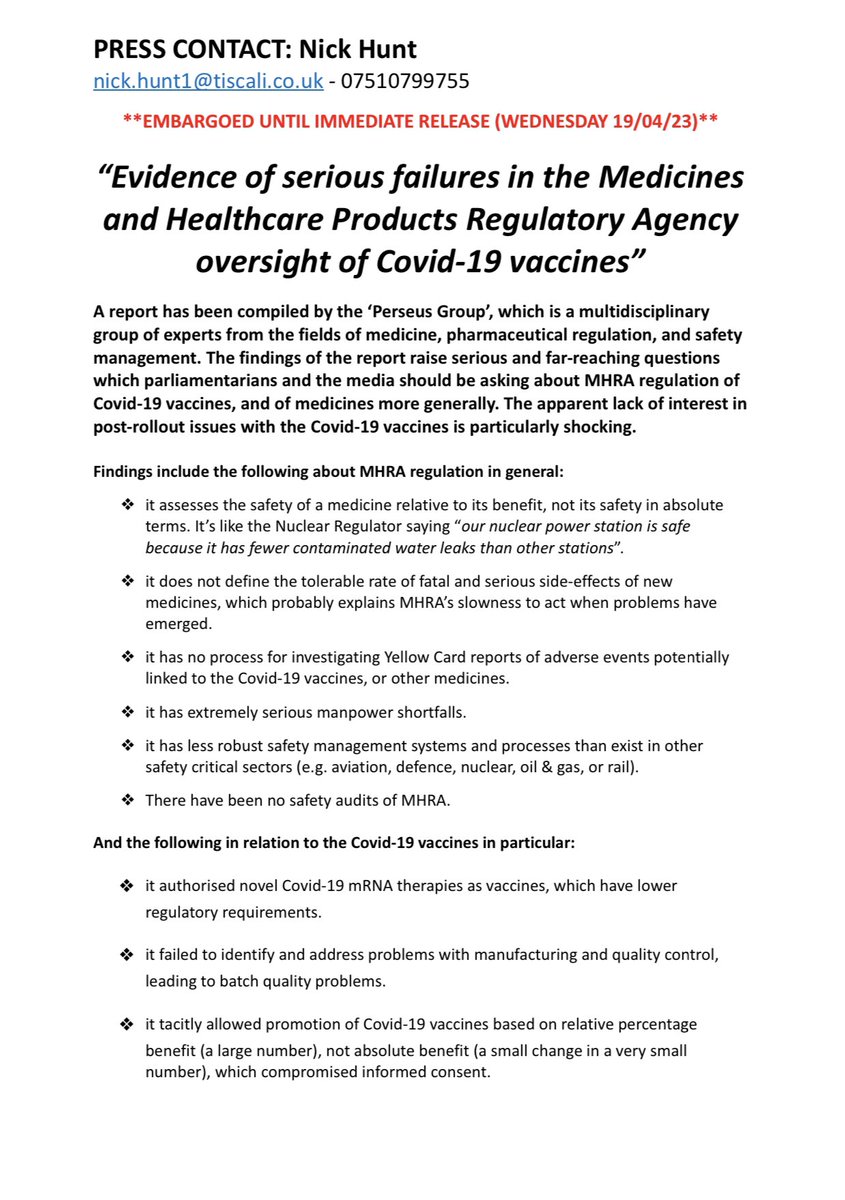 ABridgen's tweet photo. Hard hitting report which calls for immediate suspension of the mRNA ‘vaccines’ and a full investigation into how the MHRA authorised them in the first place.  Both of which I have been calling for in Parliament since December. https://t.co/m4UHjhIxfA