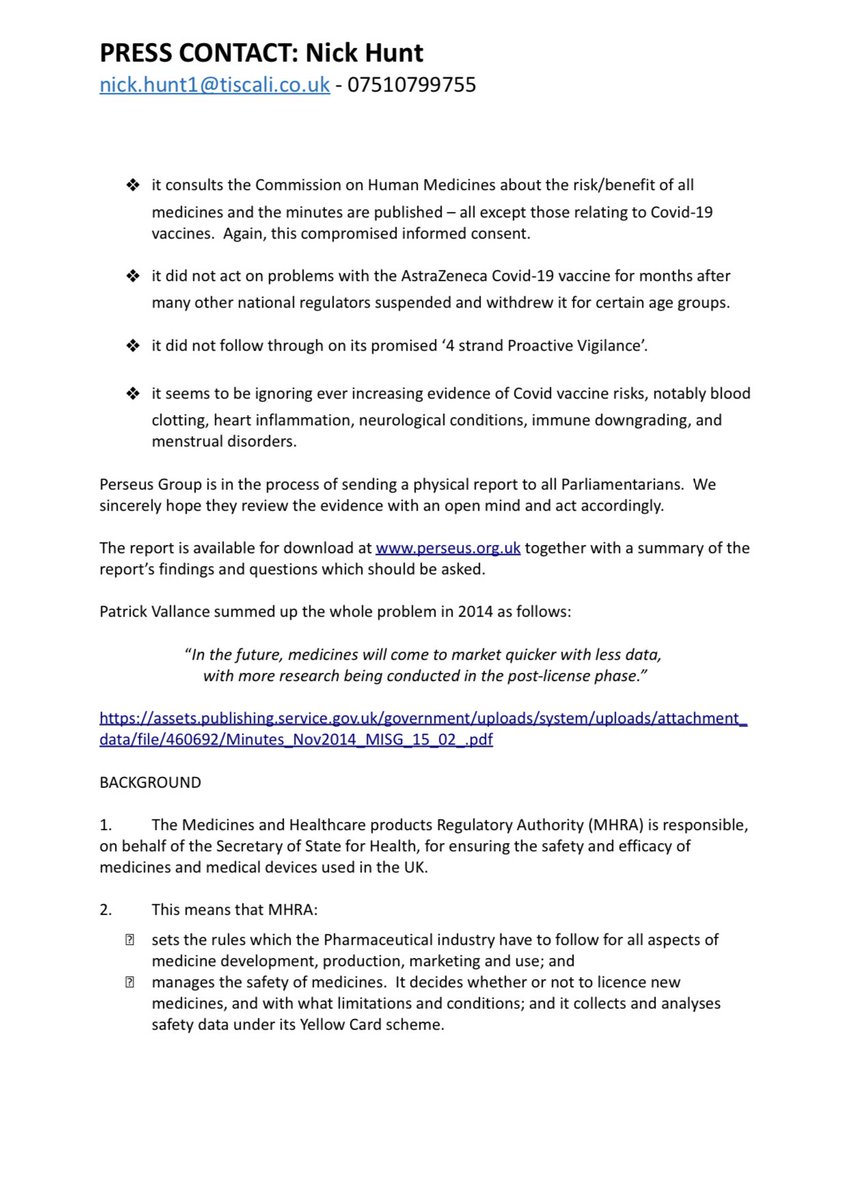 ABridgen's tweet photo. Hard hitting report which calls for immediate suspension of the mRNA ‘vaccines’ and a full investigation into how the MHRA authorised them in the first place.  Both of which I have been calling for in Parliament since December. https://t.co/m4UHjhIxfA