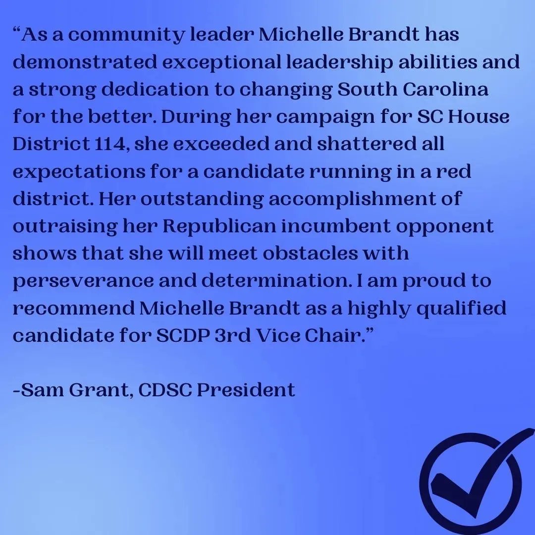 michelleforsc's tweet photo. 🚨 Recommendation Alert 🚨

Thank you @SamGrantSC for your support of me as the next 3rd Vice Chair for SCDP!

#michelleforsc #scdemocrats https://t.co/rlkeKTkoRl