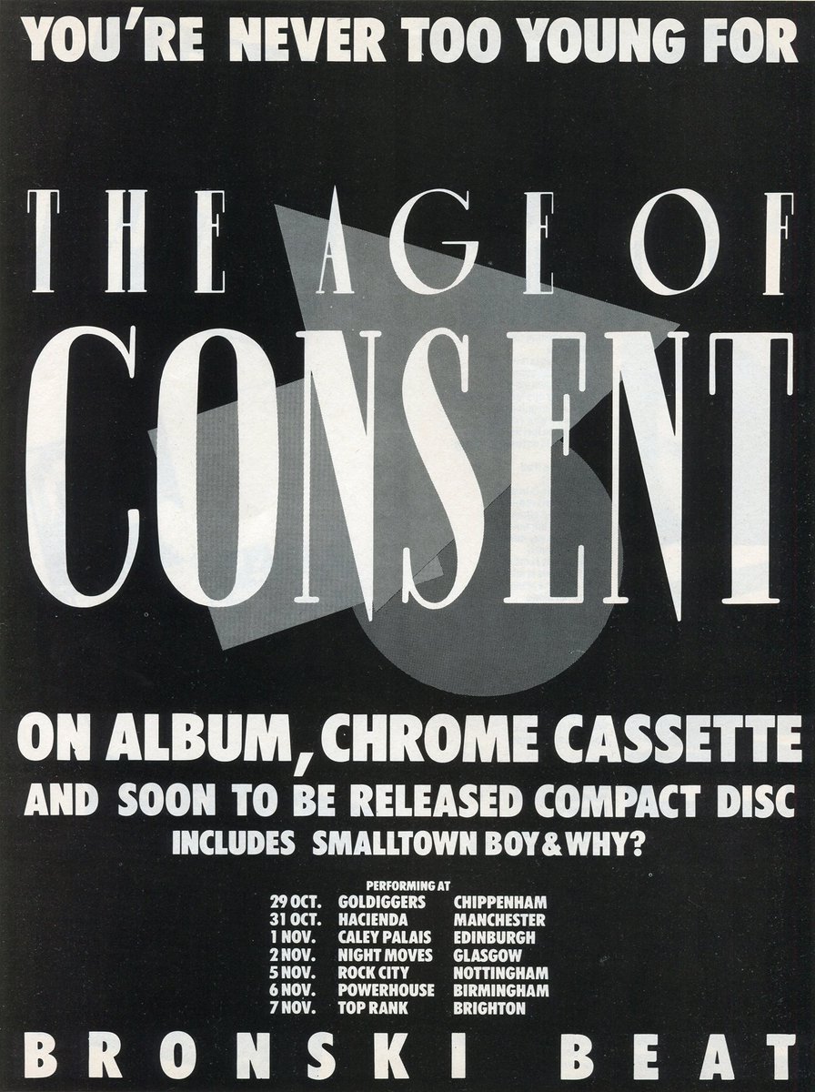 You're Never Too Young For... 

🏳️‍🌈 An original press advert for The Age of Consent. Does anyone have the original chrome cassette? 

🎧 Listen to the classic Bronski Beat album here: bronskibeat.lnk.to/theageofconsen…

#bronskibeat #ageofconsent #throwback