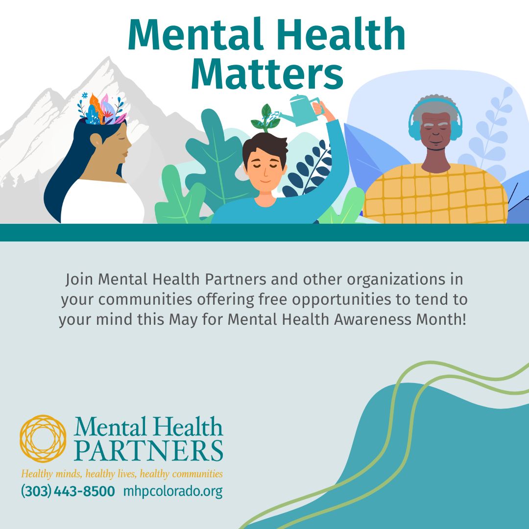 ClinicaFHW's tweet photo. May is Mental Health Awareness Month! Join Mental Health Partners &amp; our community partners in talking about mental health and sharing some local resources available. Learn more about upcoming events: https://t.co/8a606kamiw @NAMIBoulderCo @Mindful__Works @RiseAgainstCO https://t.co/lVQmKQxYp9