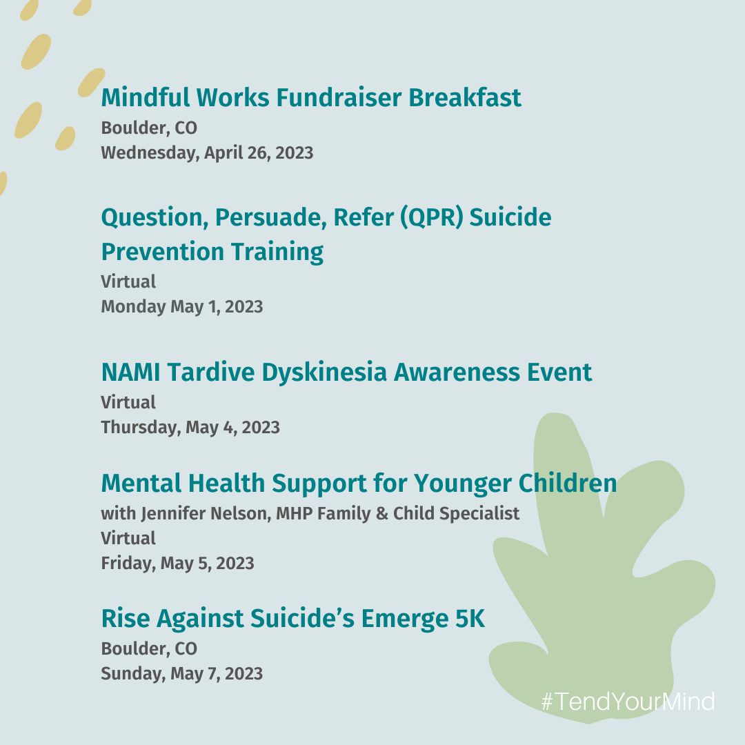 ClinicaFHW's tweet photo. May is Mental Health Awareness Month! Join Mental Health Partners &amp; our community partners in talking about mental health and sharing some local resources available. Learn more about upcoming events: https://t.co/8a606kamiw @NAMIBoulderCo @Mindful__Works @RiseAgainstCO https://t.co/lVQmKQxYp9