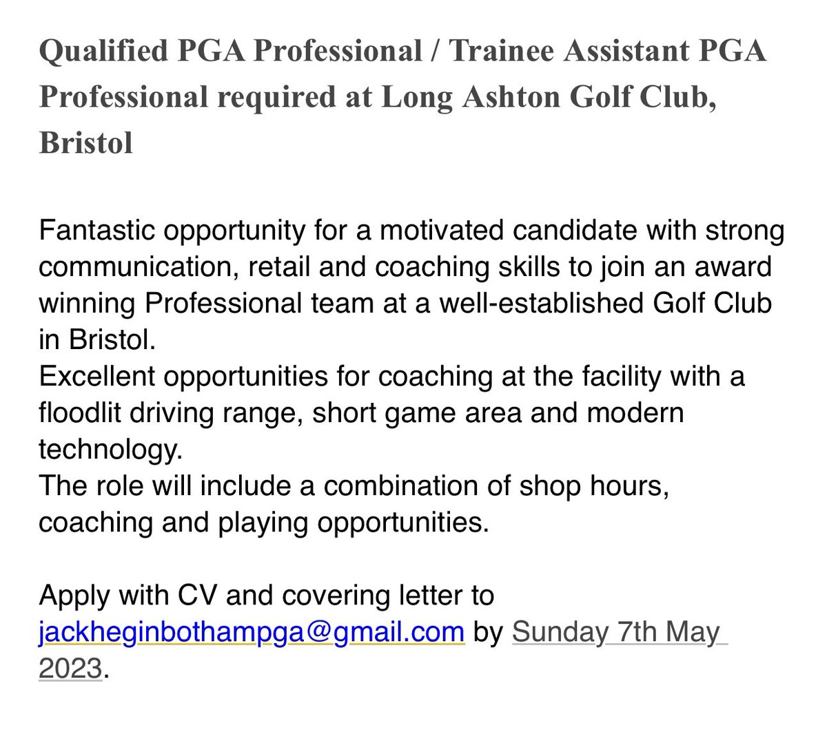 🚨 Job Vacancy 🚨 

An opportunity to join our Professional shop team <a href="/LongAshtonGolf/">Long Ashton Golf Club</a> 

If you have any questions please get in touch ⛳️ 

pga.info/employment-opp…