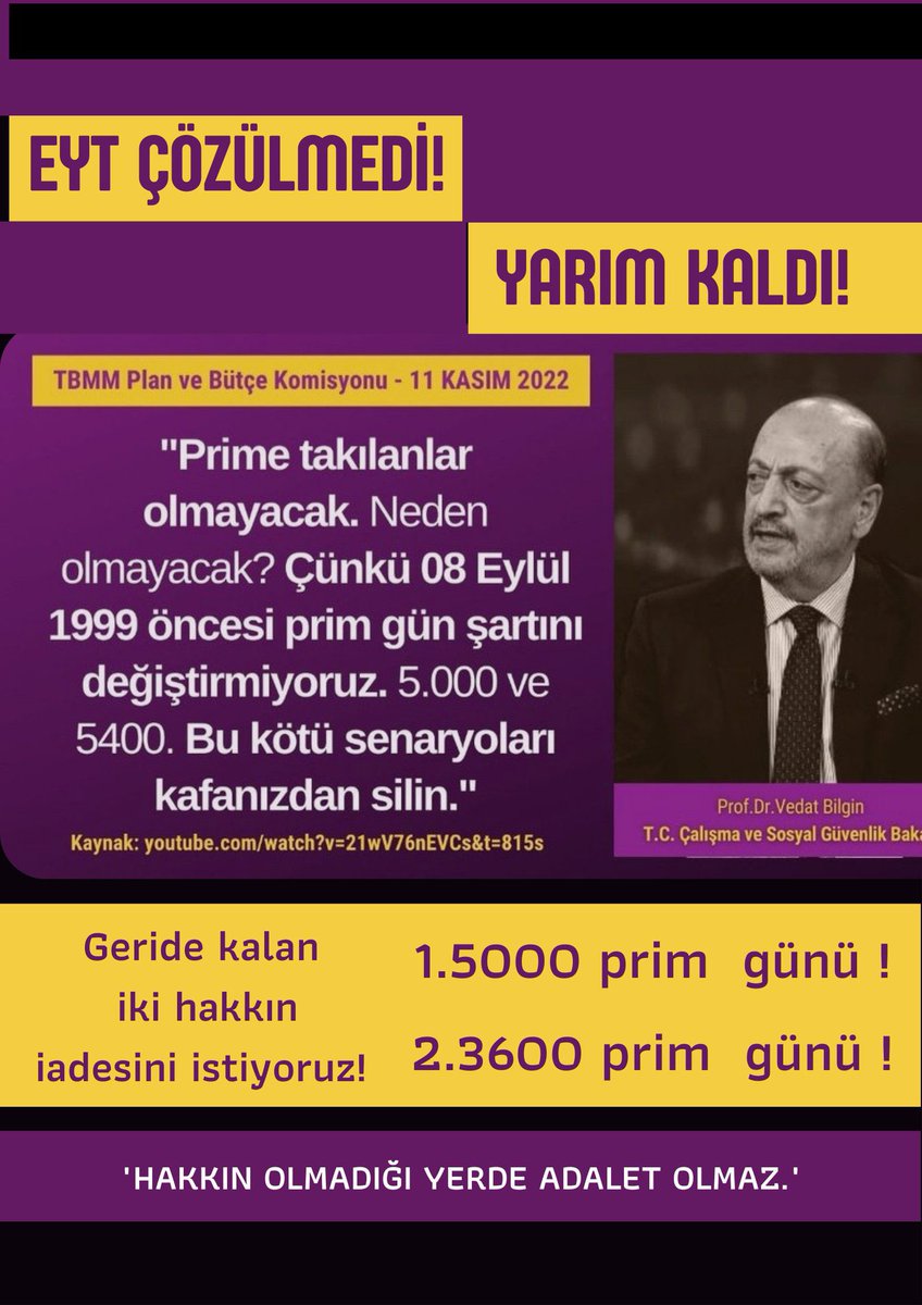 RENGINAYBEK's tweet photo. EYT ÇÖZÜLMEDİ !

5000 prim günü  20/25 yıl
3600 kısmi 50/55 yaşında
emekli olmalı.
Sn.Baka'nın sözüne güvenerek
borçlandık madur olduk l
@RTErdogan
@dbdevletbahceli
@vedatbilgn
@fahrettinaltun 
#5BinVeKısmiŞafakSayıyor https://t.co/s52xkBZZtL