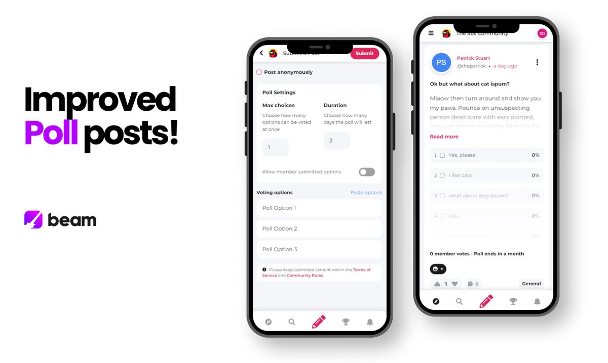 GetBeamGG's tweet photo. Polls are more exciting than ever with new changes like:

✅ Expanded poll options to up to 200
✅ Added member-submitted options
✅ Added multiple-choice setting
✅ Added poll duration selection
✅ Added batch options input

Try it out here: https://t.co/3LGyUcX8O8 https://t.co/JuGFCyaEUe