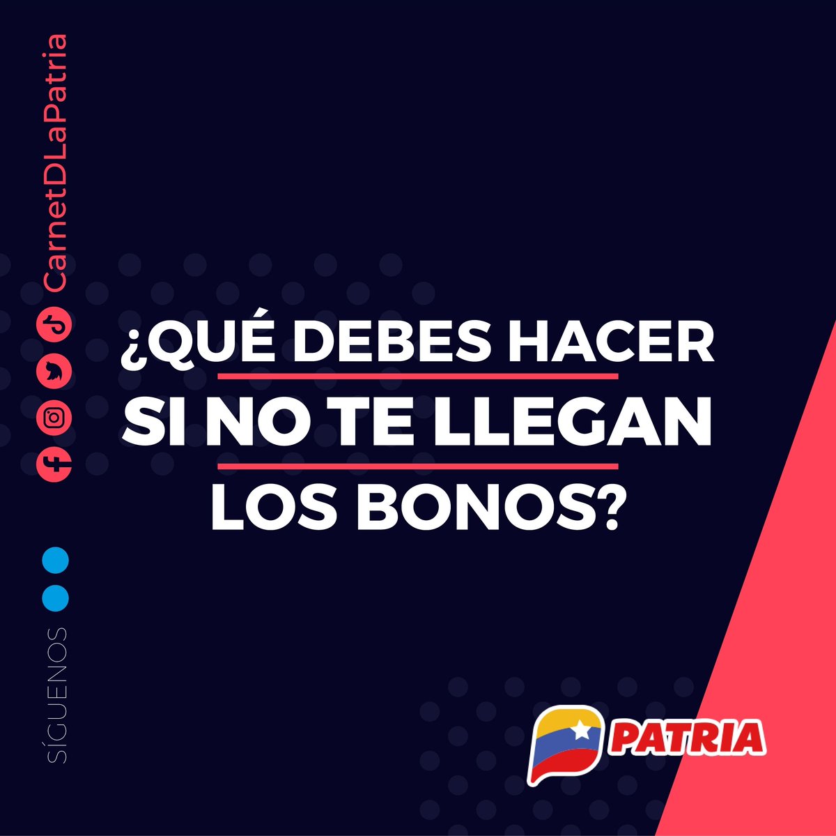 CarnetDLaPatria's tweet photo. #PENDIENTE Usuarios y usuarias. ¿Qué debes hacer si no te llegan los bonos?
El #SistemaPatria, te ofrece las respuestas.

#GestaIndependentista #19Abr https://t.co/EthHxnbEKn