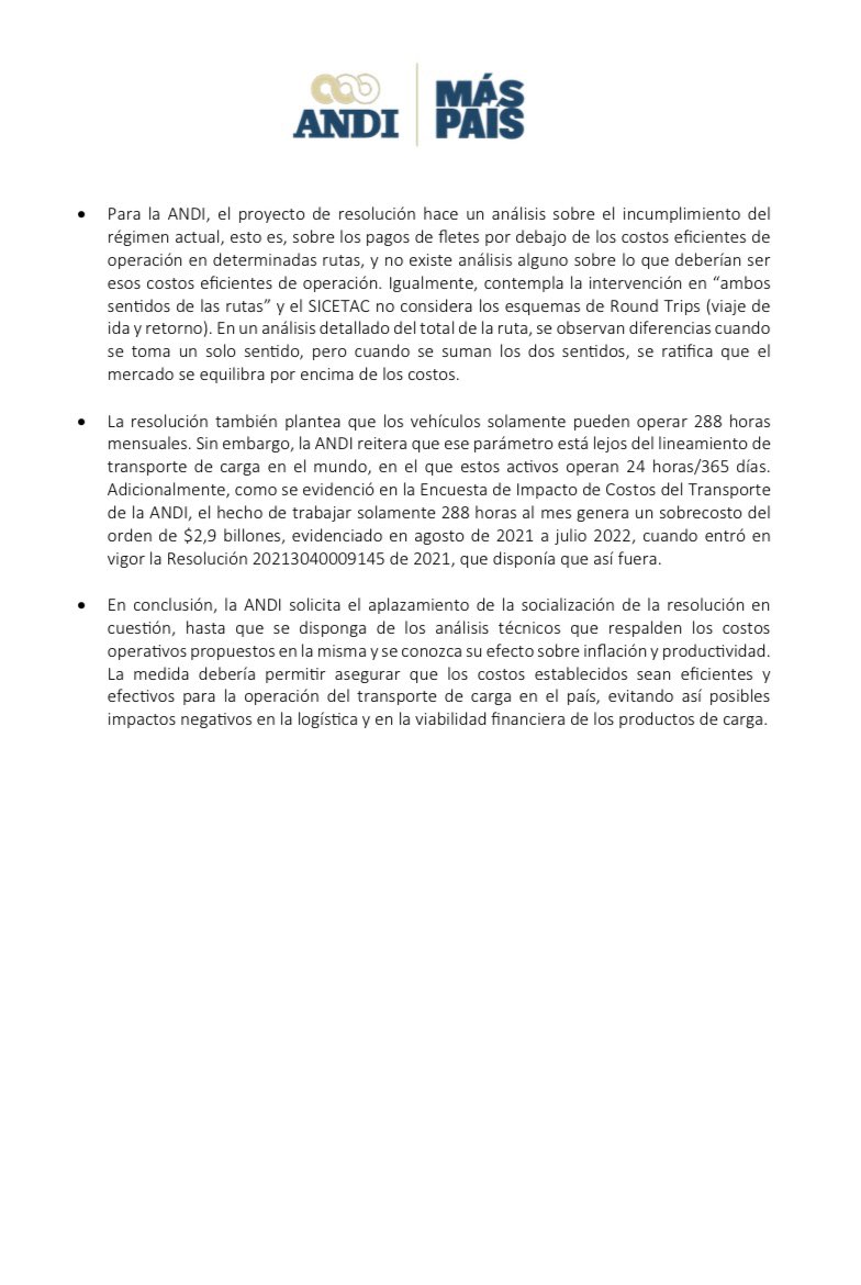 ANDI_Colombia's tweet photo. ANDI expone preocupación por la propuesta de resolución que plantea intervenir los fletes de rutas específicas en el transporte terrestre automotor de carga.
🔗: https://t.co/FMWGSDrN2s
#MásPaísANDI https://t.co/F7Wc2bukZ0