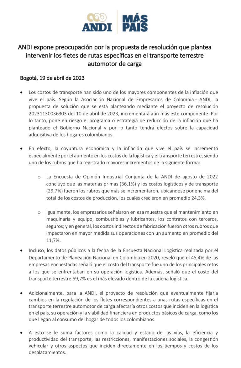 ANDI_Colombia's tweet photo. ANDI expone preocupación por la propuesta de resolución que plantea intervenir los fletes de rutas específicas en el transporte terrestre automotor de carga.
🔗: https://t.co/FMWGSDrN2s
#MásPaísANDI https://t.co/F7Wc2bukZ0