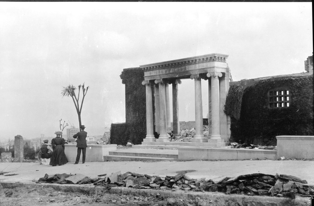 DavidGallagher's tweet photo. Thousands of pictures were taken of picturesque earthquake ruins in San Francisco, possibly none more so than the remains of the Towne Mansion on Nob Hill. Such a favorite, that the doorway was moved to Golden Gate Park on Lloyd Lake &amp; renamed "The Portals of the Past" #sfhistory https://t.co/A1ceI46Wqs