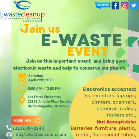 EwasteCleanup's tweet photo. Join us for our next E-waste recycling event.
Need more info? Contact us:
info@ewastecleanup.com
https://t.co/ASAIvB68oK 
Facebook: https://t.co/xxIVxdv3zy 
Instagram: https://t.co/JKRkHDH2p1 
📲(323)300-8243
#ewaste #recycling #california #electronics #ewastecleanup https://t.co/BcMkHanX7A