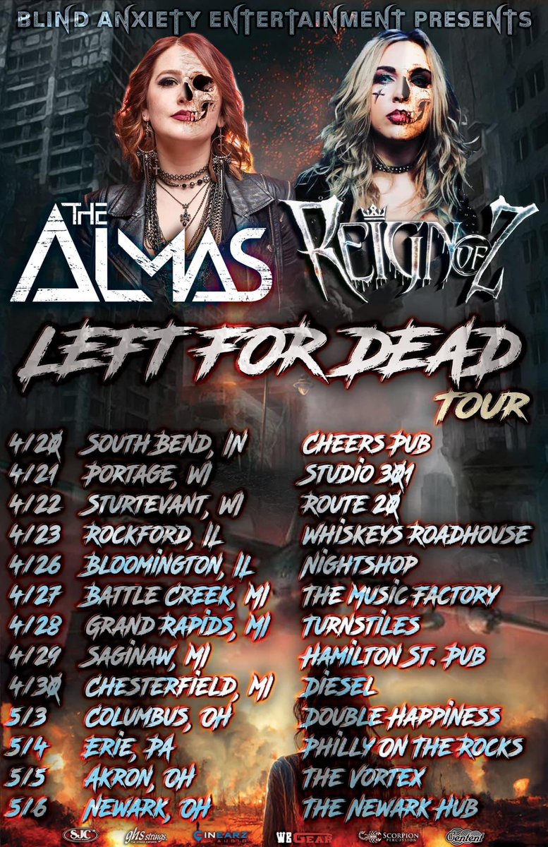 ReignofZ's tweet photo. 🔥🔥🔥🔥🔥🔥
The Left For Dead Tour is starting THIS Thursday!
Come hang with us and
@AlmasTheBand!!!
🔥🔥🔥🔥🔥🔥
#TheAlmas #ReignOfZ #LeftForDeadTour #femalefronted #hardrock #livemusic #ontour https://t.co/jg0XI0aZH5