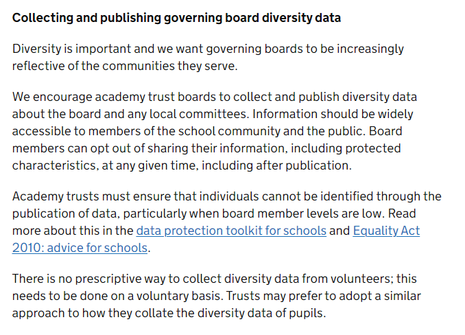 AcademyHelpdesk's tweet photo. @educationgovuk are encouraging (not mandating) academy trusts to publish governing board diversity information on their websites following a recent update to the web page linked below:

https://t.co/AgBcPaDxaG

#academies #mat #governance #dei #DiversityandInclusion https://t.co/LYsHpIgy8g