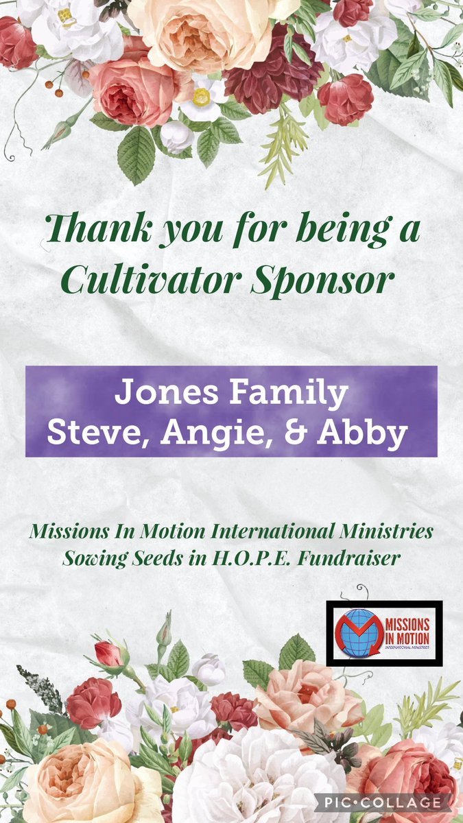 MissionsNMotion's tweet photo. We are so thankful for Steve, Angie, &amp; Abby Jones for being a "Cultivator Sponsor" for @missionsinmotionintl Sowing Seeds in H.O.P.E. Fundraiser on Friday. April 21!

Thank you for your continued encouragement, support, &amp; prayers! We really appreciate you all!
 #missionsinmotion https://t.co/drfgHbn7cY
