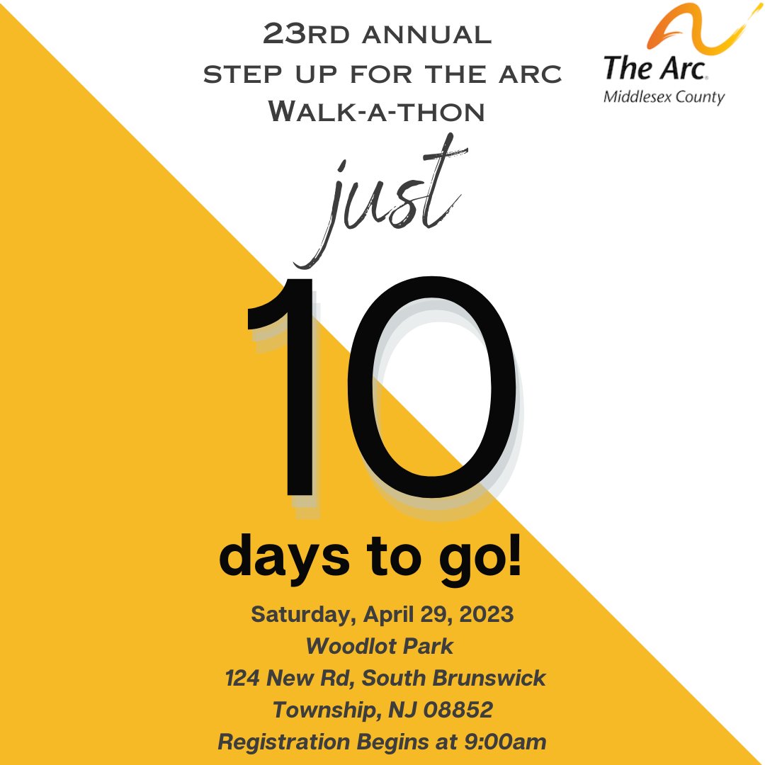 thearcmiddlesex's tweet photo. We are just 10 DAYS AWAY from The 23rd Annual Step Up For The Arc Walk-A-Thon! Please register on our event website link in bio

There will be fun activities for the whole family!

#walkathon
#fundraiser
#fundraising
#thearcmiddlesex
#middlesexcounty
#disabilityawareness
#April29 https://t.co/zNZXCrOzP9