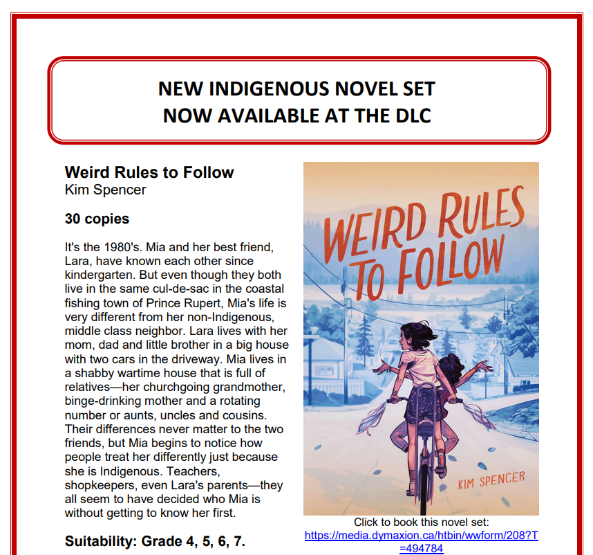 DLCsd57's tweet photo. Check out our new Indigenous novel set: Weird Rules to Follow by @kspencerwrites ! https://t.co/FltR8zOvbg Suitability: Grade 4, 5, 6, 7; 30 copies @SD57Indigenous @SD57PG https://t.co/s8yJOiWSjH