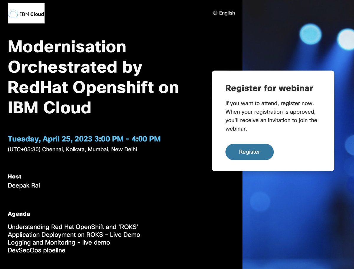 We are hosting Modernisation Orchestrated by RedHat Openshift(ROKS) on IBM Cloud webinar and I can't wait to attend! Join me and learn about benefits of containerization and how IBM Cloud integrates with ROKS. Register now: ibm.biz/BdPhGB #RedhatOpenShift #IBMCloud
