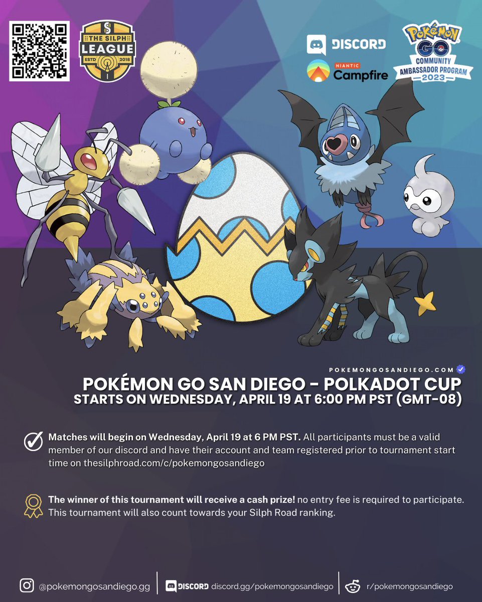 pkmongosandiego's tweet photo. Our Polkadot Cup starts today at 6PM
PST GMT-08! 🏆  

More details can be found here:
https://t.co/nwh7Ppm2Y2

#pokemongo #pokemon #pogo #gbl #greatleague #gobattleleague #tournament #pvp #silphroad #ranked #discord #prizes https://t.co/Gi0shXxdgc