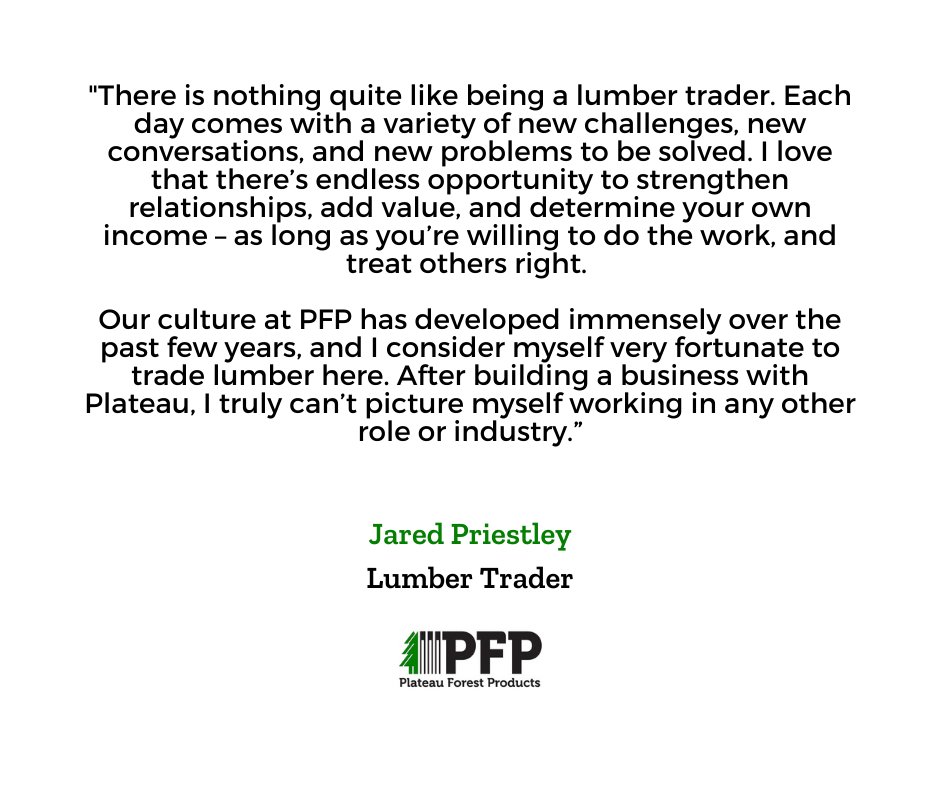 plateaufp's tweet photo. Jared specializes in commodity lumber products, premium SPF, cedar, and panels delivered to your doorstep. He can be reached at jared.priestley@plateaufp.com or (541) 647-5792.
#testimonial #PFPtrading #PFPlife #CareerWithPFP #lumbertrading #PFPproud #GoPFP https://t.co/4QnxEjaPUl