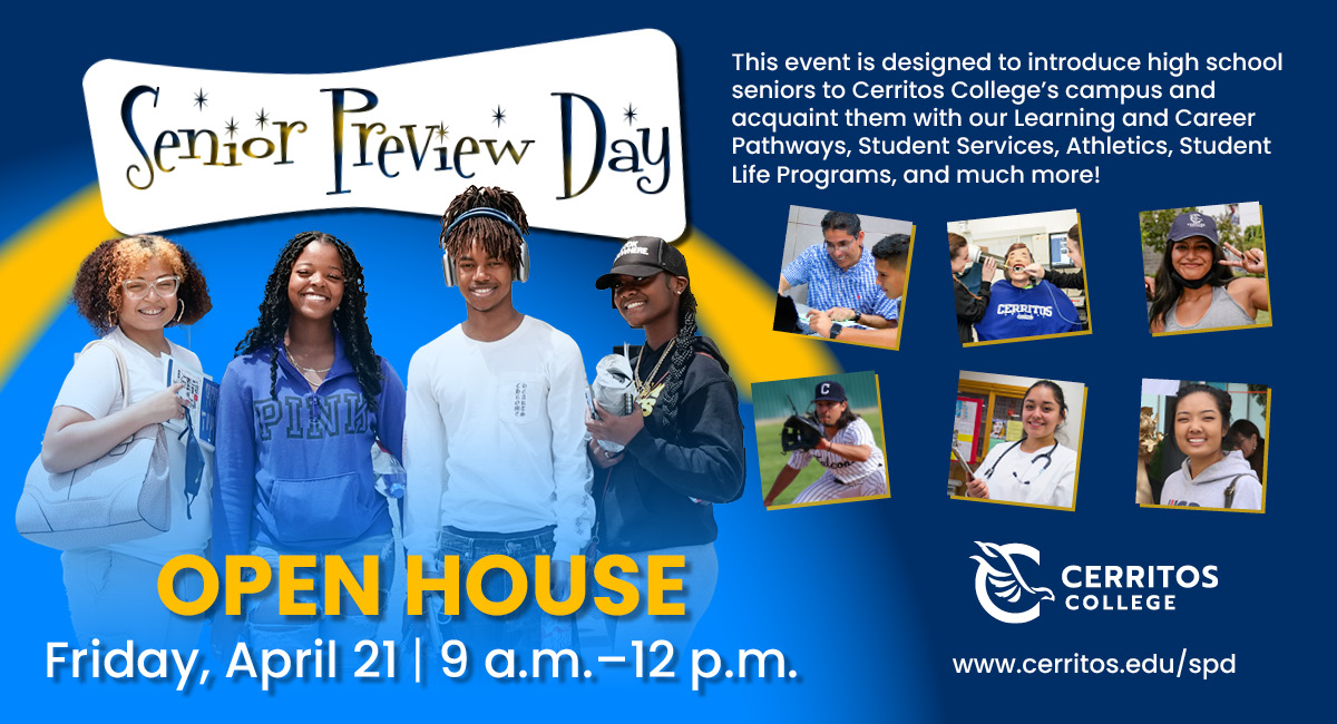 cerritoscollege's tweet photo. Join us for our annual Senior Preview Day this Fri., 4/21 from 9 a.m. - 12 p.m.! High school seniors will tour our campus and learn about the various programs we offer. For more info, head to https://t.co/98L93YxPip. #cerritoscollege #seniorpreviewday https://t.co/mBCjwdWsUk