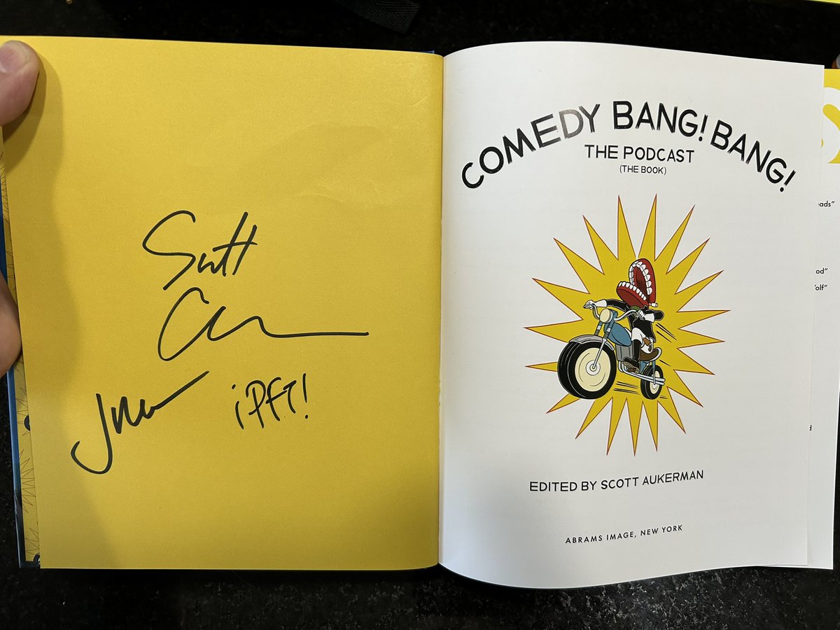 sbeaumont1975's tweet photo. Just picked up my pre-ordered Comedy Bang! Bang! The Podcast (The Book) and can’t wait to dig in. Happy to see the @ScottAukerman and @PFTompkins signatures, but I’m not 100% on the 3rd. Mantzoukas? I’d take him to ask, but… @ComedyBangBang #cbbbook https://t.co/vHO3GrQupZ
