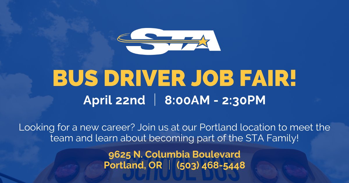 Spring into a new career w/ STA Portland! Wages start at $31.50/hr and we have a sign-on bonus up to $2,500!

RSVP and book your interview time here: intsignup.indeed.com/interview/9fd8…

#STAFamily #Drive4STA #Portlandjobs #PortlandSchools #schoolbusdriver #busdriverjobs #schoolbusdriverjobs