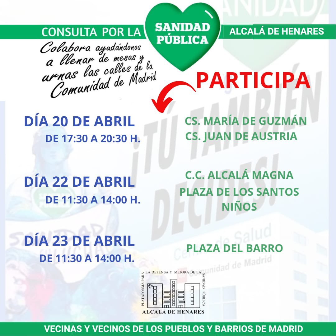 Toda la semana se está realizando la #ConsultaSanidad23. En #alcaladehenares tendremos mesas mañana jueves, el sábado y el domingo. 
Participa para defender tu #SanidadPublica