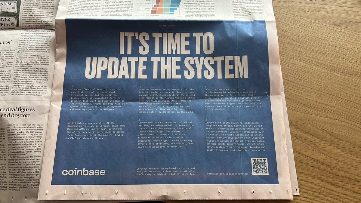 RIGGEDai's tweet photo. Coinbase CEO uses big font to tell newspaper readers that it's time to "update the system"
Coinbase CEO uses the system to dump $COIN on retail
Or maybe his buy button is broken
#rigd
$COIN https://t.co/2kbozZgrZE