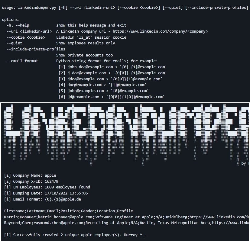 hack_git's tweet photo. LinkedInDumper

Python 3 script to dump company employees from #LinkedIn API.

https://t.co/Uc8bX4BBfX

#infosecurity #infosec https://t.co/DFZIaHuJ3G https://t.co/KUPJExW4Qp
