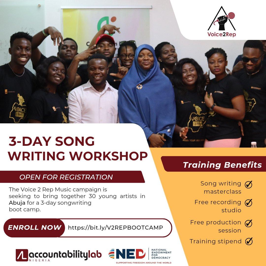We seek to engage 30 young music artists for a 3-day songwriting boot camp to produce songs that will increase citizens' awareness of #DigitalRights, #FreedomOfExpression, and the impact of #CivicSpace repression. NB: opportunity is for artists based in Abuja @abujastreets