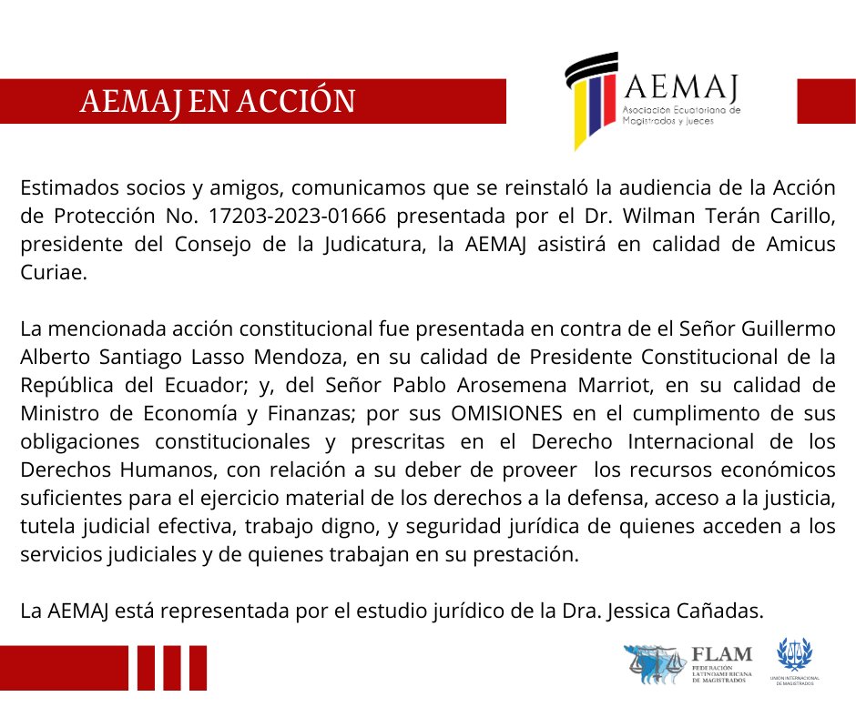 AsoJuecesEc's tweet photo. #AEMAJenAcción Comunicamos que se reinstaló la audiencia de la Acción de Protección presentada por el Dr. @teran_wilman, presidente del @CJudicaturaEc

La #AEMAJ asiste en calidad de Amicus Curiae y es representada por el estudio jurídico de la Dra. @JessicaCanadas https://t.co/c2jtHSSVQd