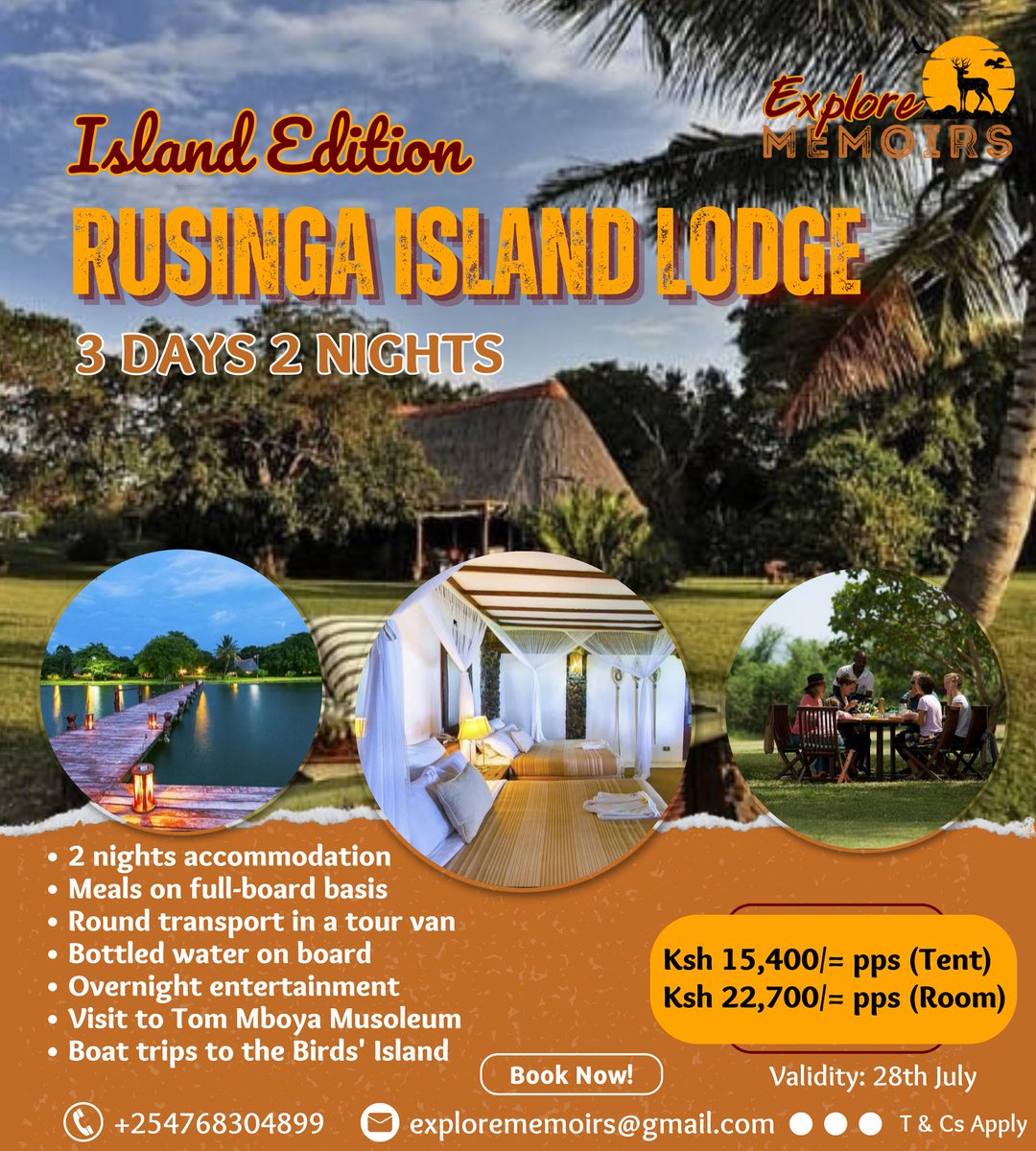 ExploreMemoirs's tweet photo. Slots are limited!
To Book:

Dm Us Or:

📞 +254768304899
📩 explorememoirs@gmail.com

#tujazegari Twende #rusingaislandlodge #mbita #explorememoirs #traveldeals #lakeside #visitnyanza #islands #travelhacks https://t.co/wl5LkC8Mvv