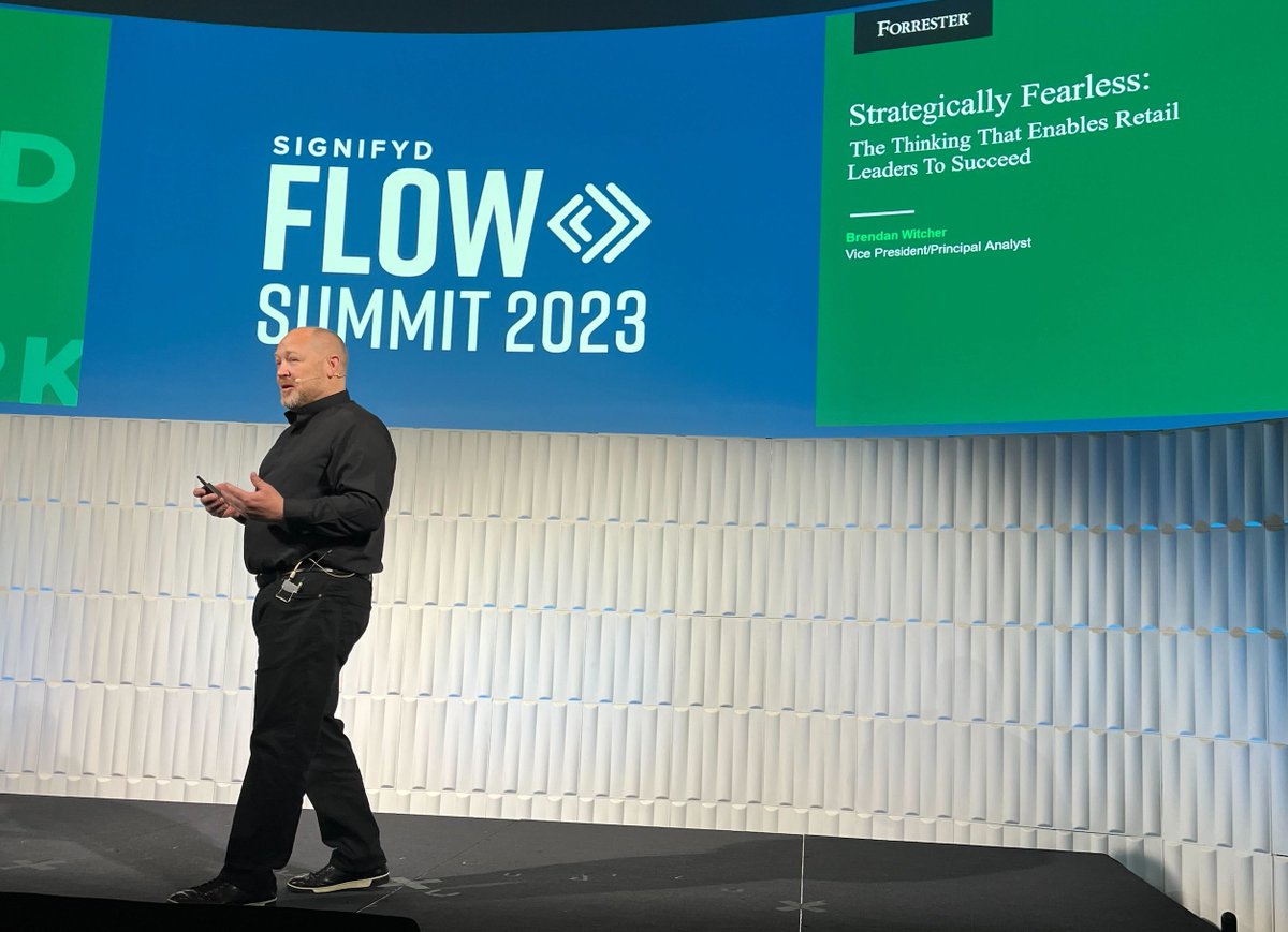 signifyd's tweet photo. .@BrendanWitcher from @forrester reveals the secrets to approaching retail with a true strategic mindset and the tools to capitalize on opportunities, avoid pitfalls, and evaluate trends for your organization. #FearlessCommerce #FLOWSummit23 https://t.co/UWVpOB35JT
