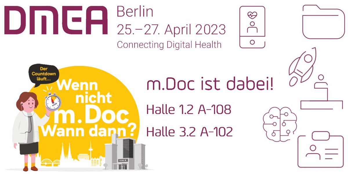 _DMEA's tweet photo. Noch 5️⃣ Tage bis zum Start der #DMEA23 🎉 In 6️⃣ Messehallen treffen Sie mehr als 7️⃣0️⃣0️⃣ Aussteller. Darunter @mdoc_gmbh aus Köln. Das Unternehmen stellt die #SmartHealthPlatform für Mediziner:innen und Patient:innen vor. m.Doc treffen Sie in den Hallen 1.2 und 3.2! https://t.co/T5lRdtfJmJ