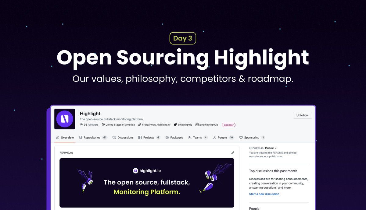 theJayKhatri's tweet image. Twitter friends - Its day 3 of @highlightio launch week!!!

Today's launch isn't a launch of a new feature or product, but more so a launch of open sourcing how we do things at @highlightio.

More details in thread 🧵👇

Read the full launch post here: highlight.io/blog/launch-we…