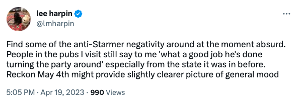 alexnunns's tweet photo. Looool. Walk into any pub in the land and the hot topic on everyone's lips is Starmer's internal management of the Labour Party.

I know Lyin Lee Hairbrain's 'journalism' consists of tweeting things he's "hearing" from various unnamed sources, but "people in pubs" is the best yet https://t.co/c8qrmVr9V2